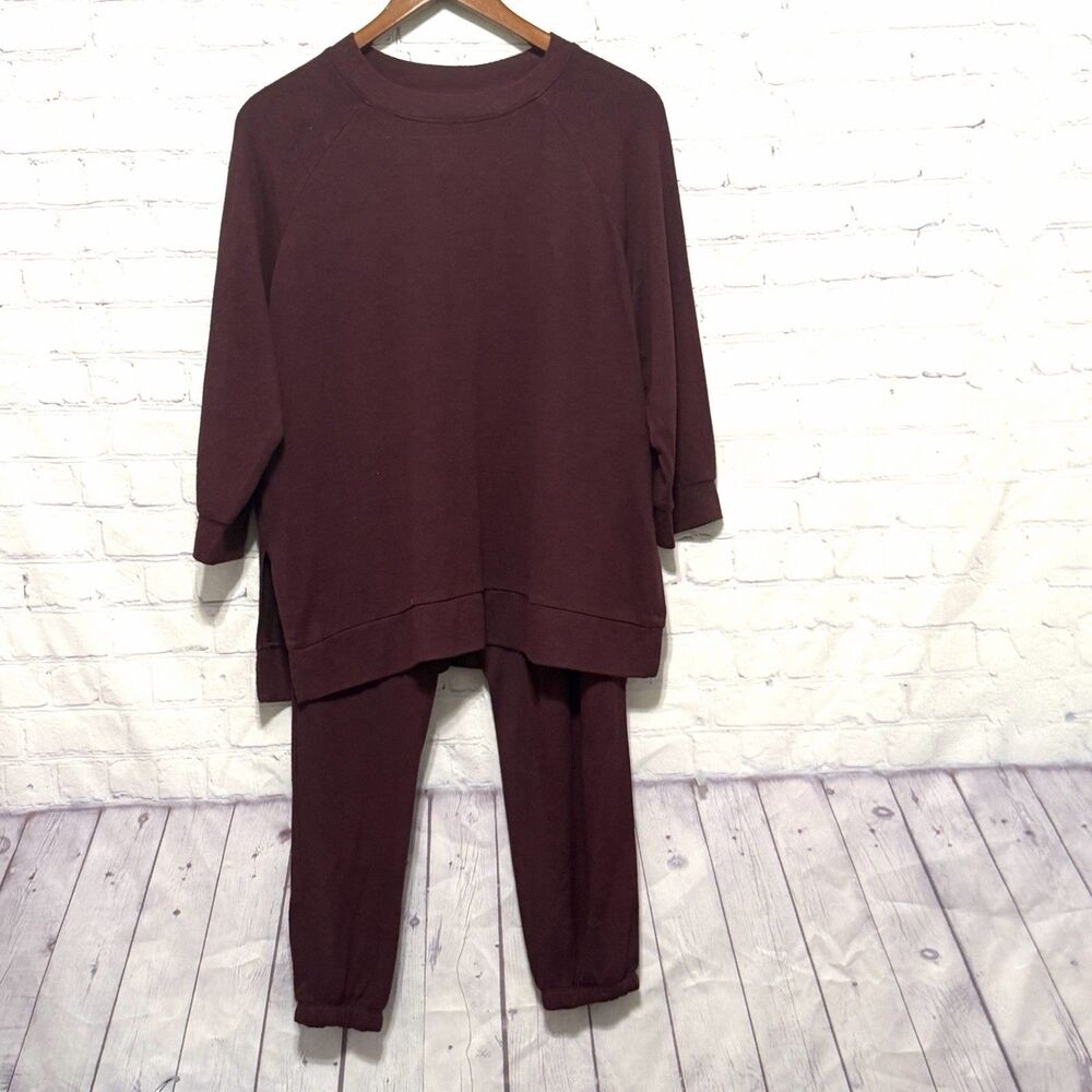 Donna Karan Sleepwear Lounge Set Small Burgundy Wine Ribbed Knit Tunic & Joggers